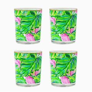 Lilly Pulitzer Green and Pink Palm Acrylic Lo-Ball Drinkware 4 Count 14oz NIB